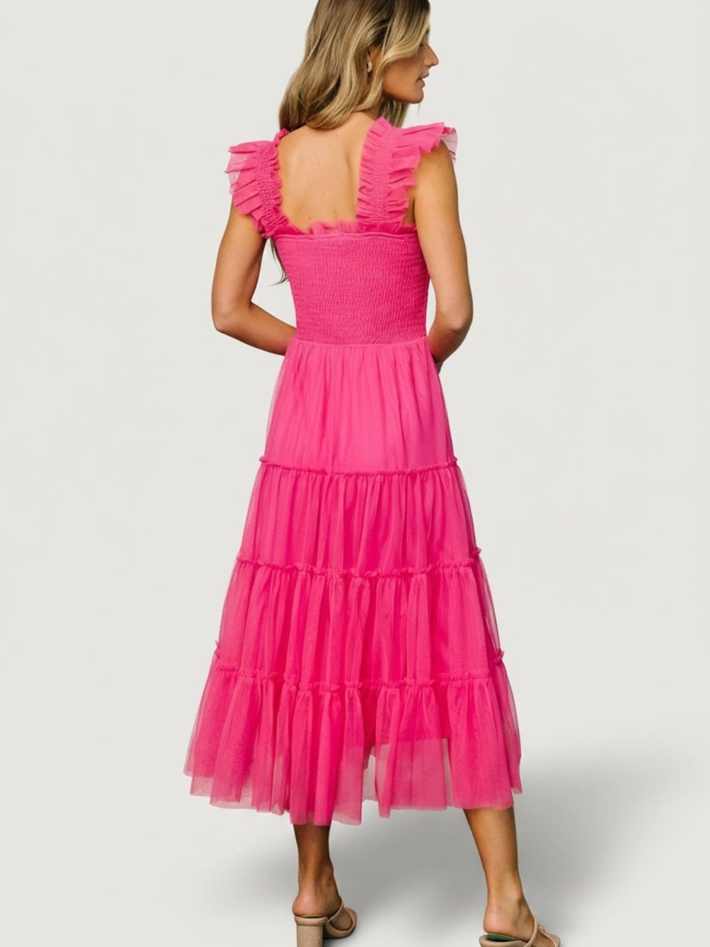 Baltic Born Hot Pink Smocked Tulle Midi Dress Romantic Formal Gown Sz LG - Picture 5 of 14